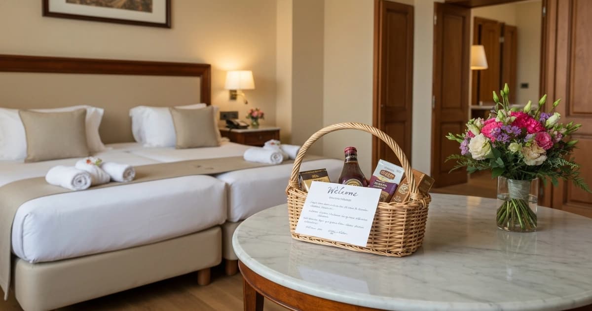 Elegante habitación de hotel española preparada para invitados de boda con cesta de bienvenida y flores