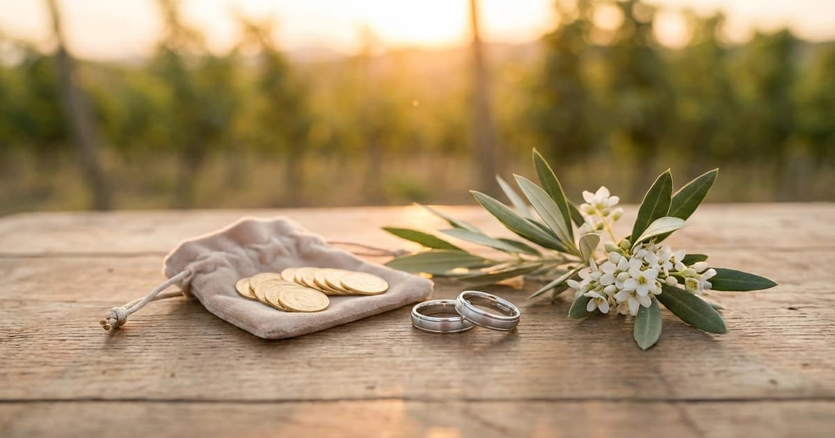 Anillos de boda y arras matrimoniales sobre cojín