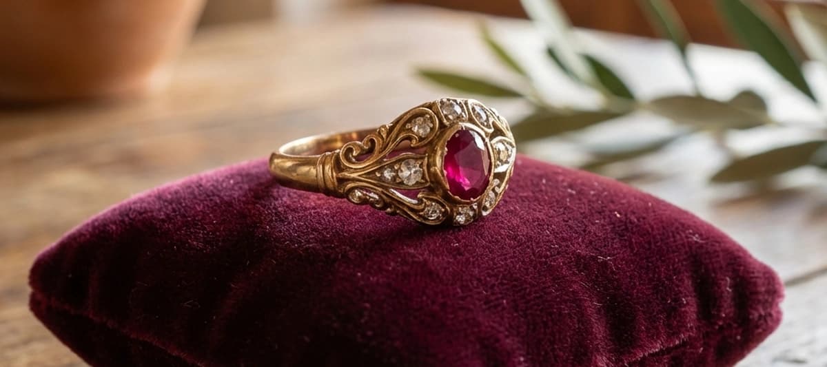 Anillo de compromiso familiar vintage con detalles ornamentados sobre cojín de terciopelo