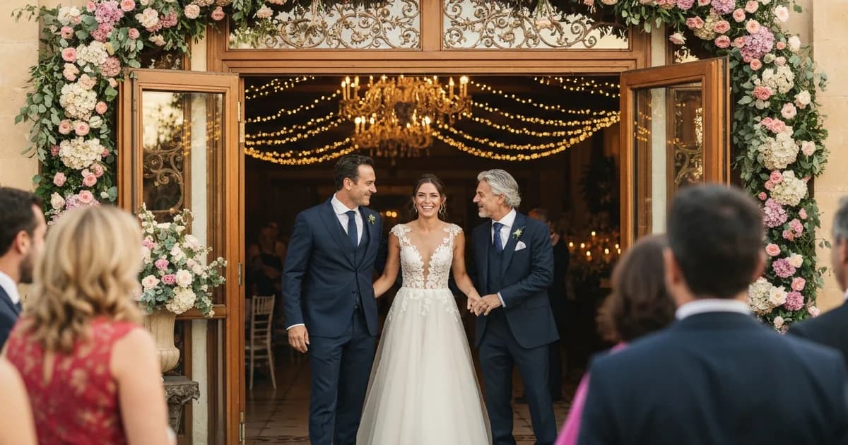 Animador profesional dirigiendo juegos y entretenimiento en banquete de boda español con invitados riendo