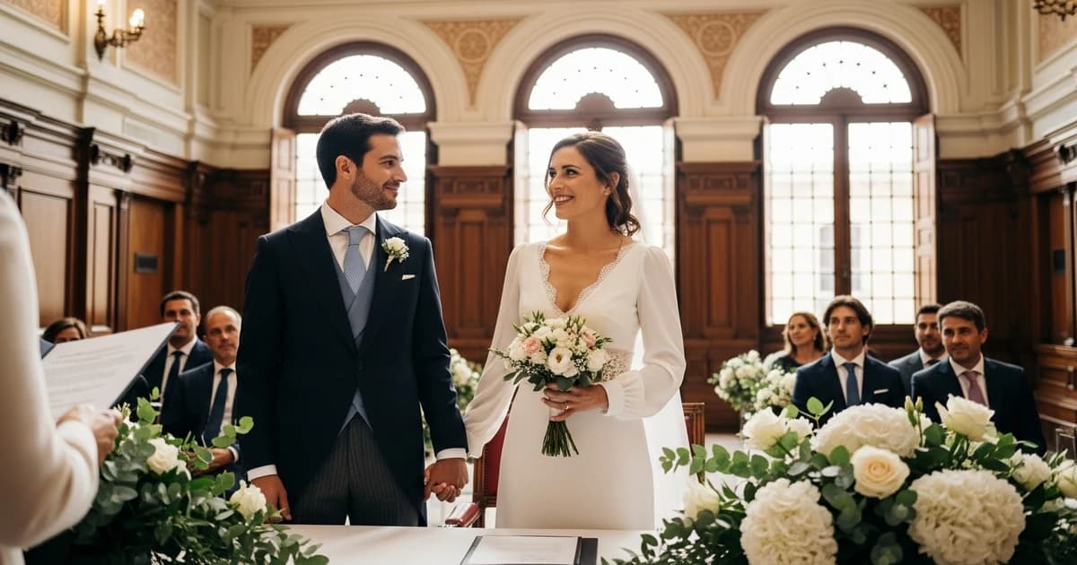 Pareja firmando acta matrimonial en ceremonia civil