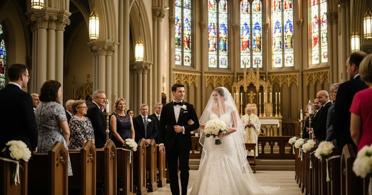 Interior de una catedral preparada para una boda
