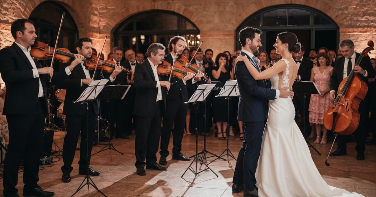Banda de música en directo tocando en una elegante recepción de boda española con iluminación romántica