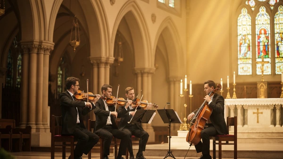 Pareja de novios en ceremonia católica con música en vivo