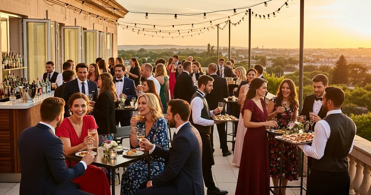 Mesa de cóctel de boda elegante con bebidas y aperitivos