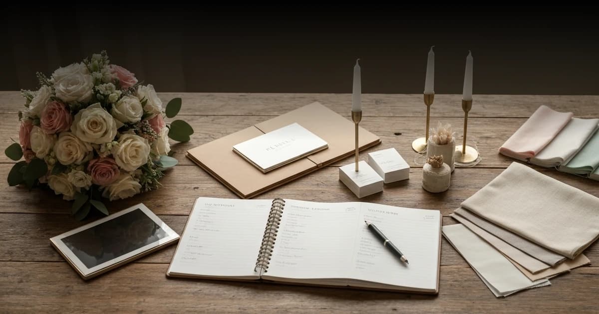 Pareja reunida con proveedores de boda revisando opciones de catering y decoración floral