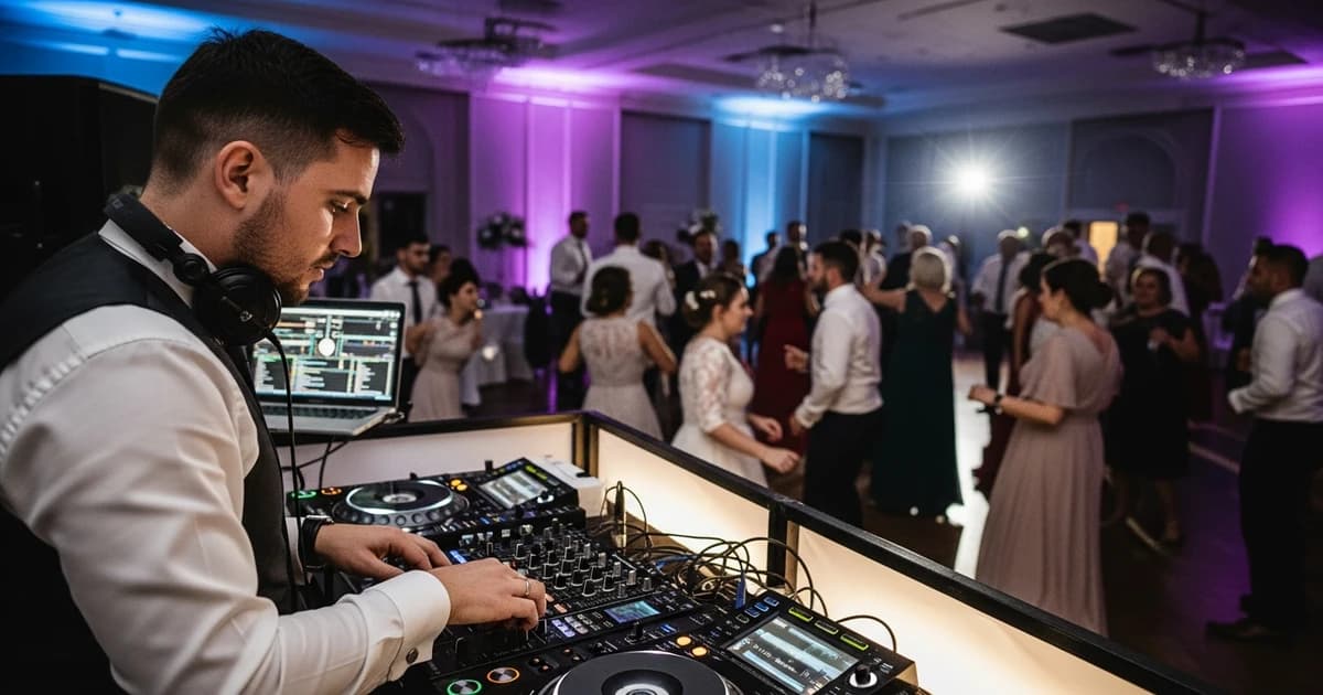DJ profesional mezclando música en una boda con invitados bailando de fondo