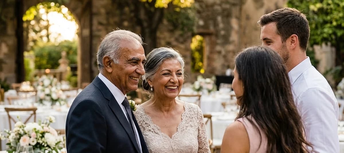 Pareja de abuelos elegantes disfrutando de una boda junto a sus nietos en un jardín español