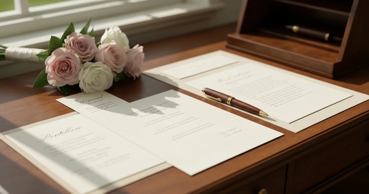 Elegant writing desk with formal letter and wedding stationery for tactful communication