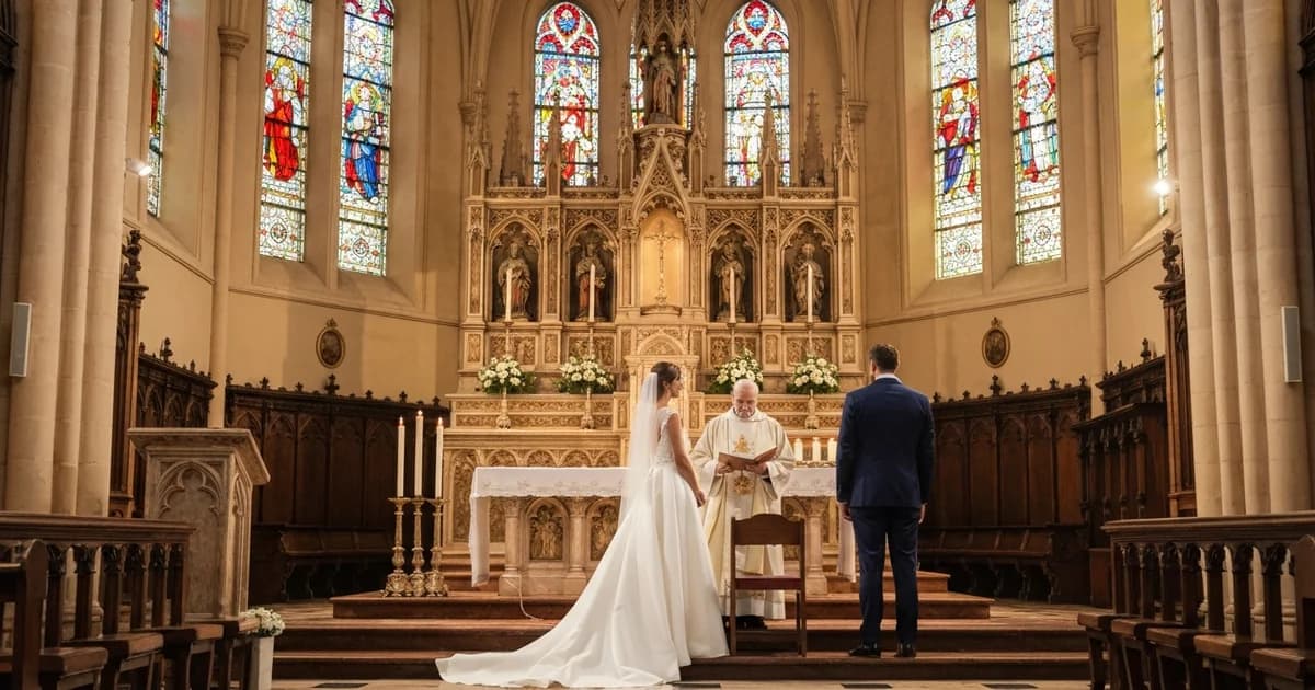 Elegant catholic wedding ceremony inside historic Spanish church with bride and groom exchanging vows