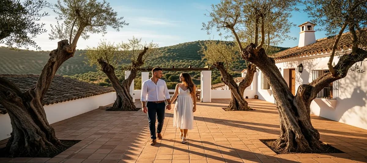 Pareja visitando una finca rústica española como posible lugar para su boda