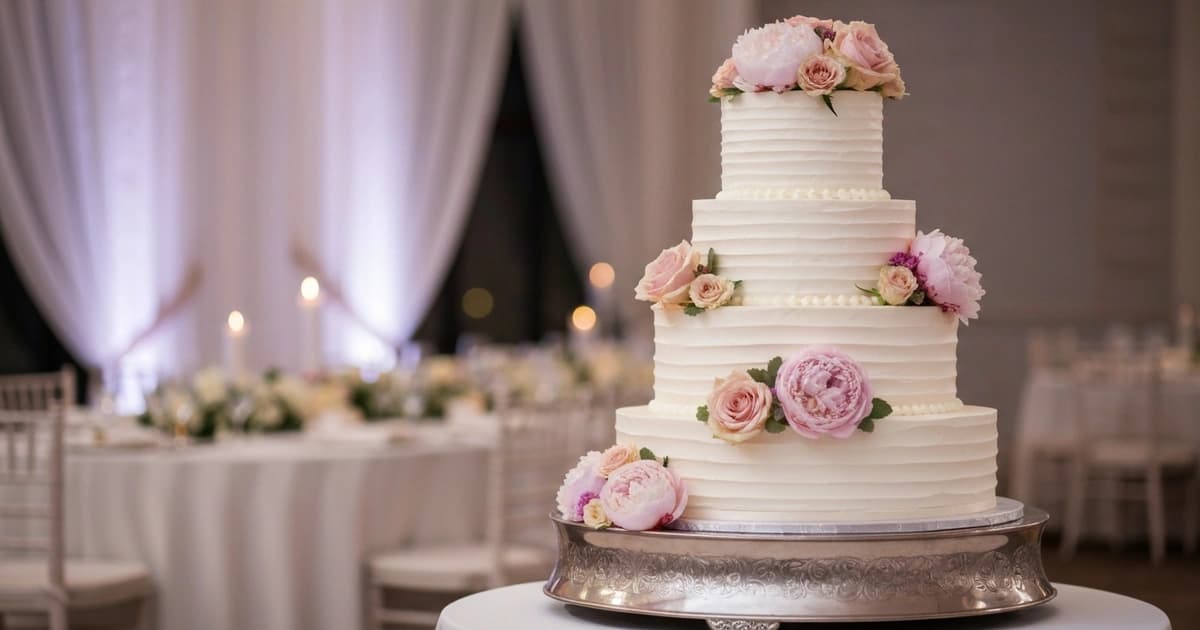 Elegante tarta nupcial de varios pisos con flores frescas para celebración de boda