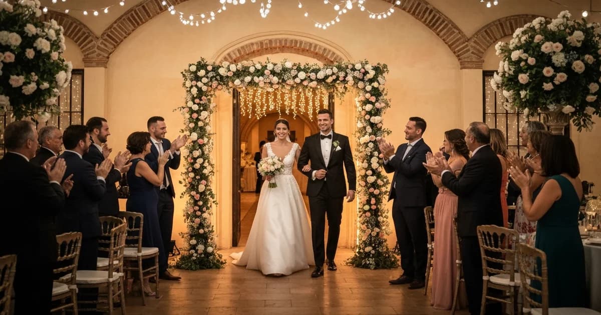 Novios y cortejo nupcial realizando una coreografía de entrada espectacular en el banquete de boda con invitados aplaudiendo