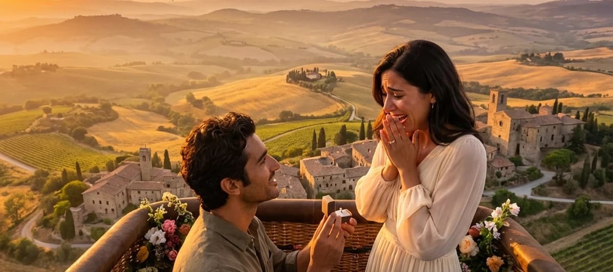 Pareja en globo aerostático al atardecer sobre campo español durante propuesta romántica