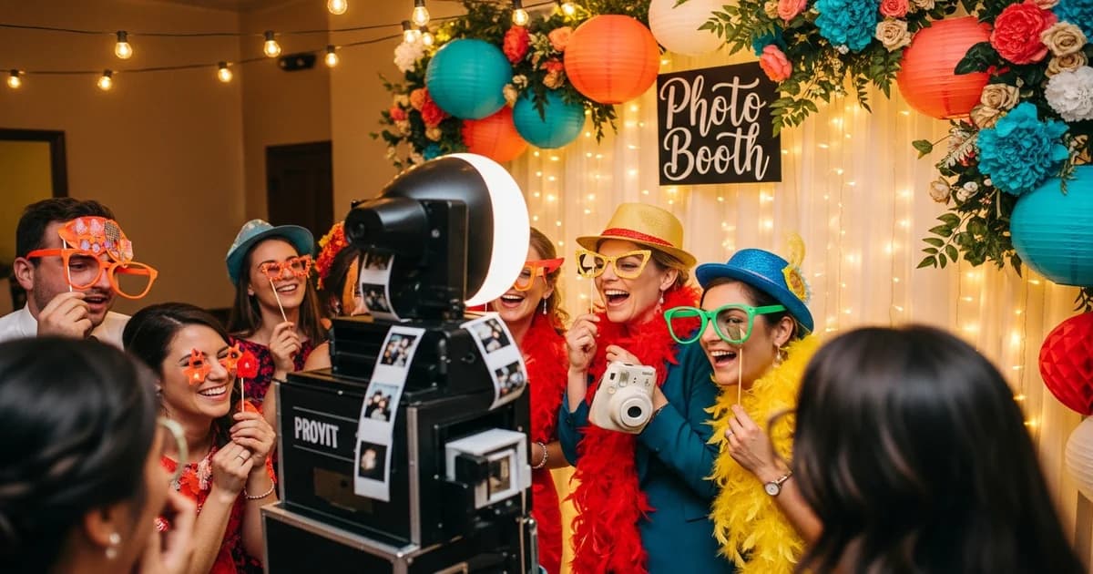 Invitados divirtiéndose en un fotomatón de boda con accesorios divertidos