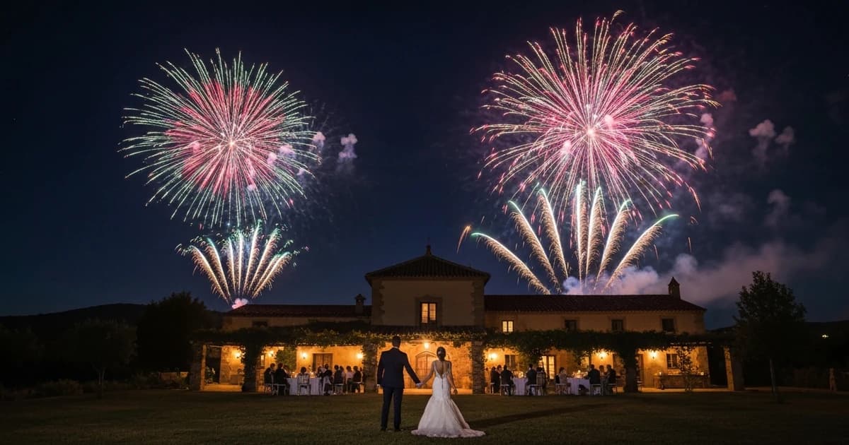Spectacular fireworks display at romantic outdoor wedding reception under night sky