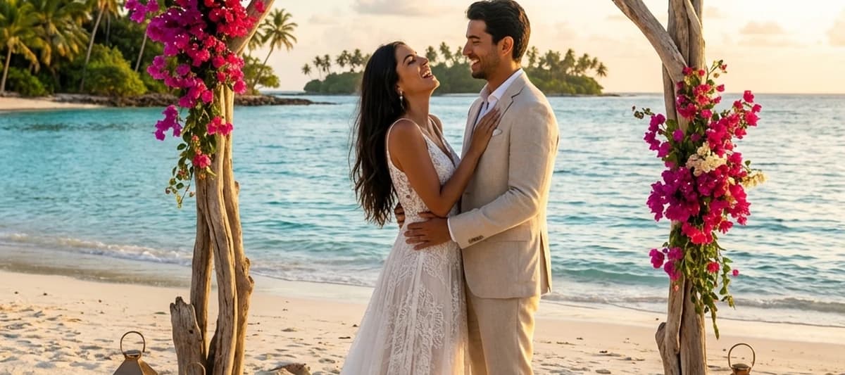 Pareja celebrando su boda en una playa paradisíaca al atardecer con un arco floral