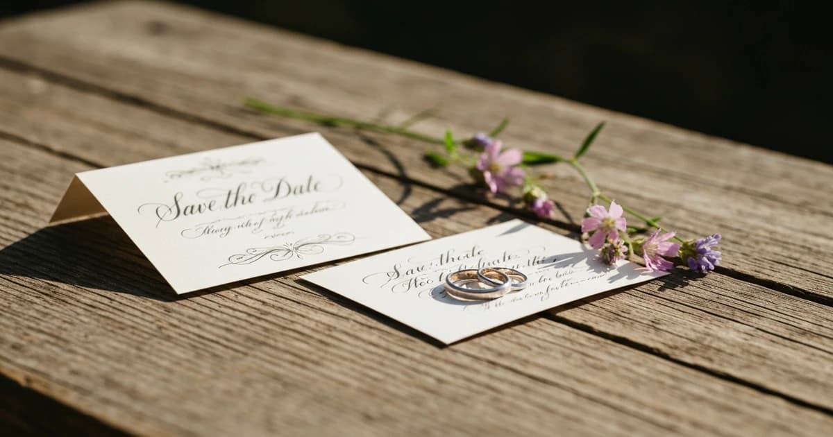 Elegant save the date cards on rustic wooden table with wedding rings and flowers
