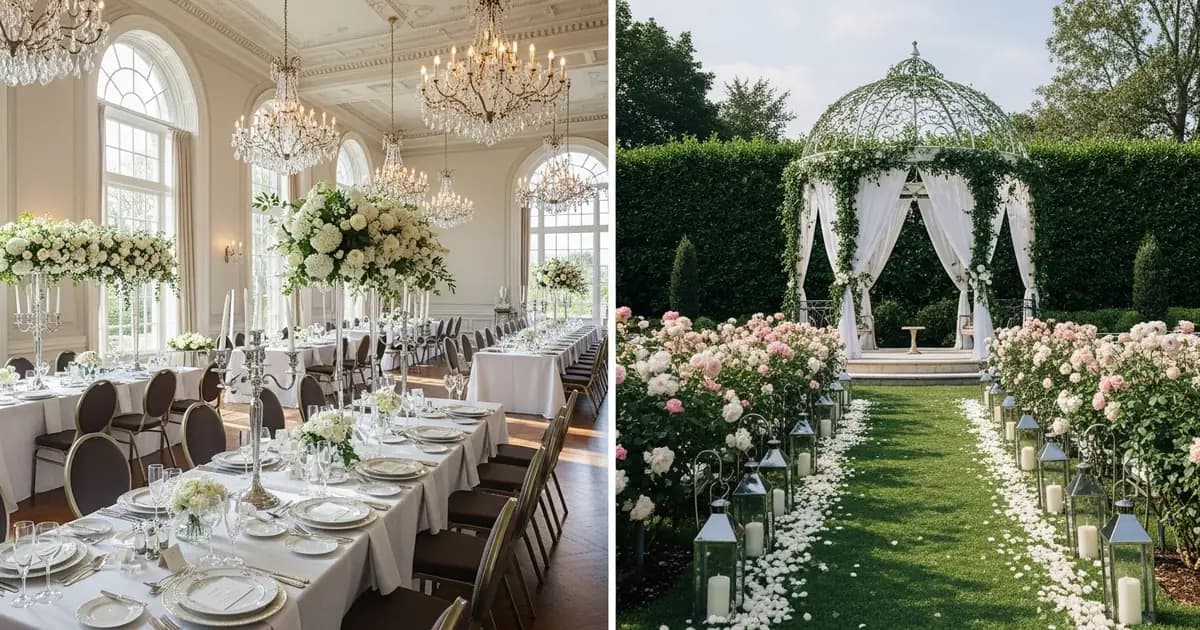 Comparación entre una boda elegante en interior y una boda al aire libre en jardín