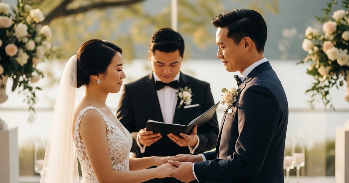 Pareja intercambiando votos durante ceremonia de boda