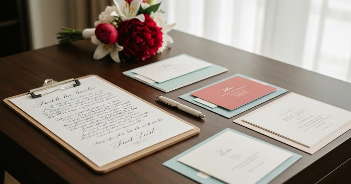 Wedding planning scene with elegant guest list clipboard and invitation cards on organized desk