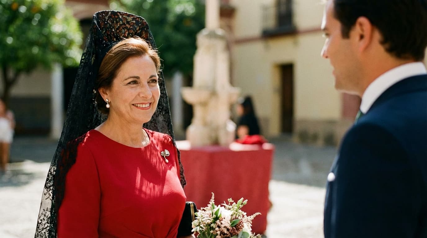 Madrina de boda española con elegante mantilla negra y peineta alta tradicional