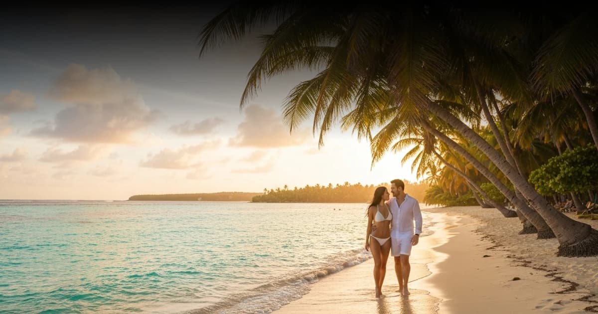 Pareja recién casada disfrutando de una puesta de sol en una playa tropical durante su luna de miel