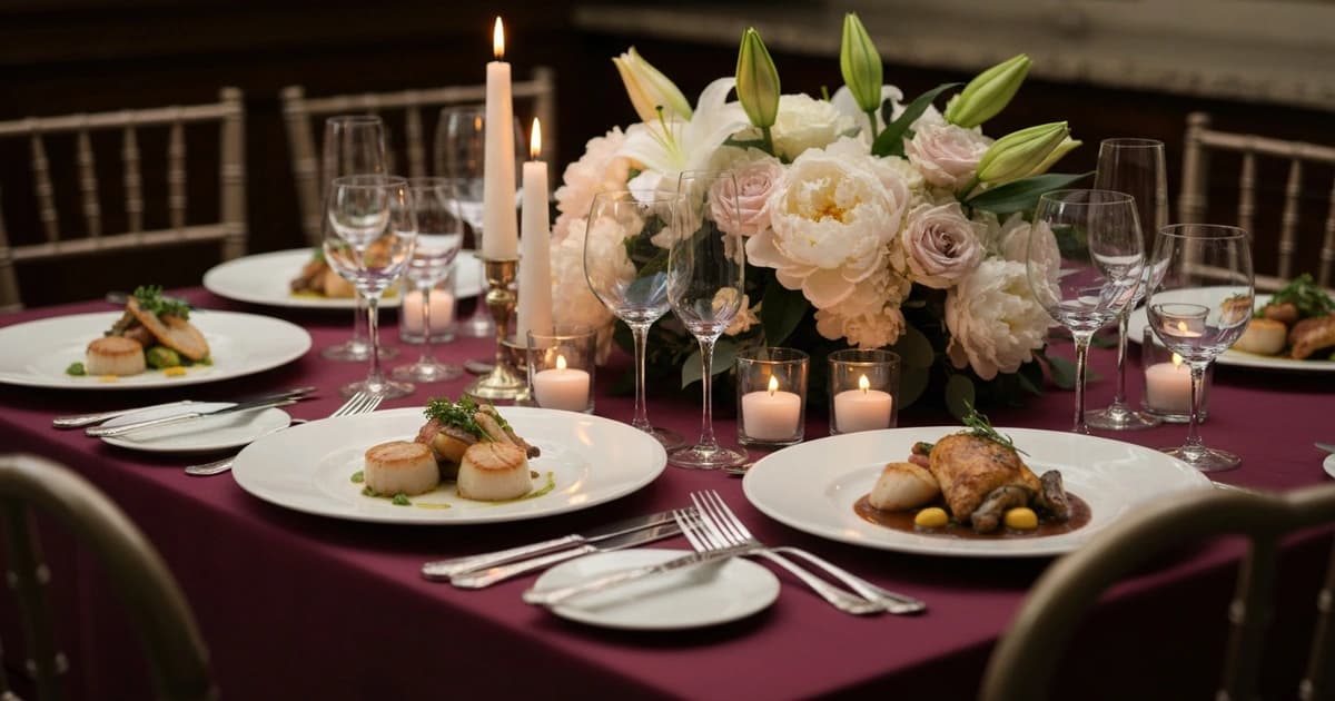 Mesa elegante de banquete de boda con platos gourmet y decoración floral
