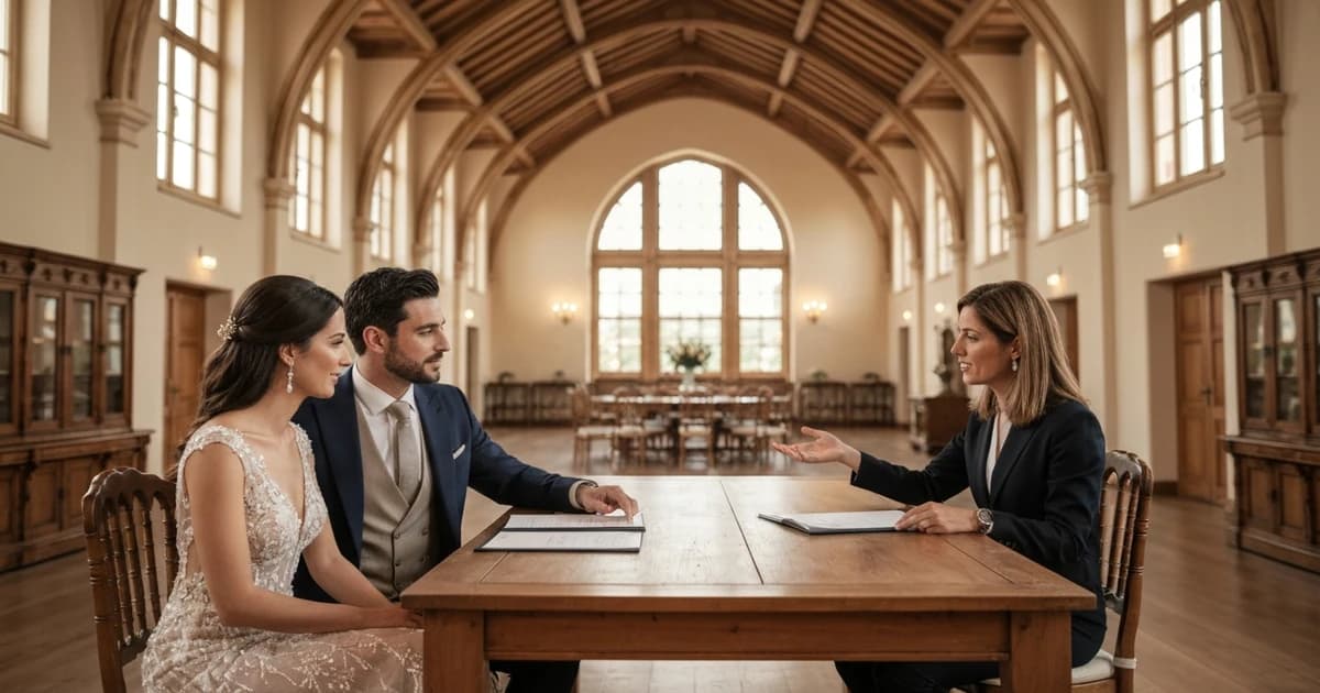 Pareja de novios reunida con coordinador de eventos de hotel elegante español visualizando salón de bodas