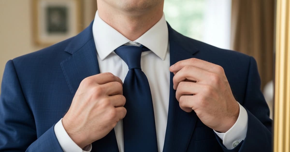 Novio elegante en traje azul marino ajustando su nudo de corbata Windsor, preparándose para su boda