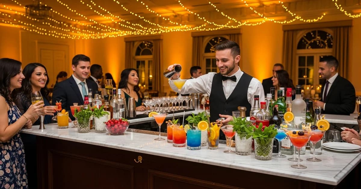 Barra libre en una boda con invitados celebrando y brindando