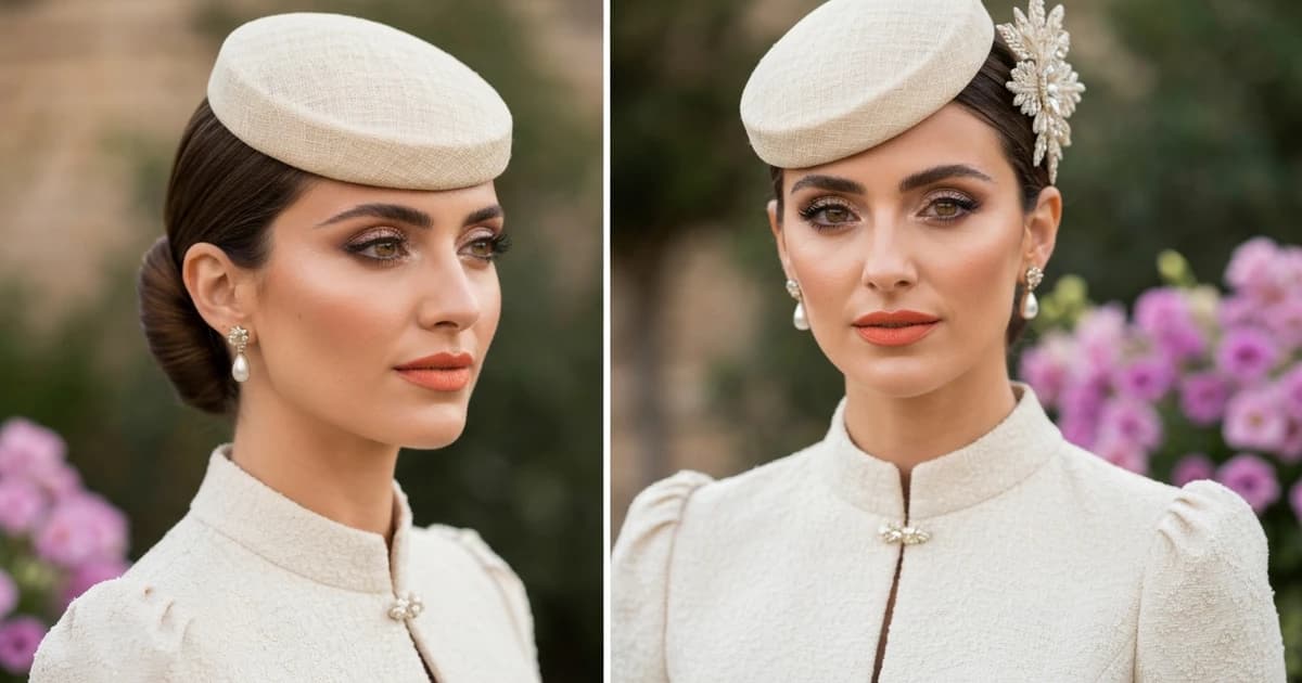 Invitada de boda española eligiendo entre elegante pamela y tocado para ceremonia de día