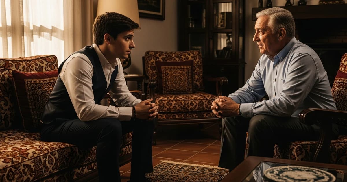 Joven novio nervioso antes de pedir la mano a su suegro en sala tradicional española