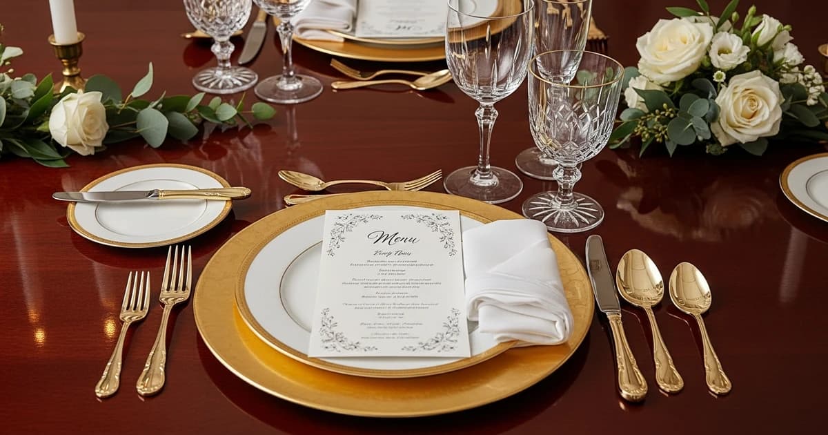 Mesa de banquete elegante con decoración floral y cubiertos preparados para una boda