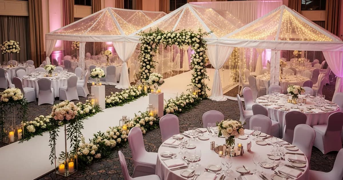 Pareja de novios bajo un paraguas transparente en su boda bajo la lluvia
