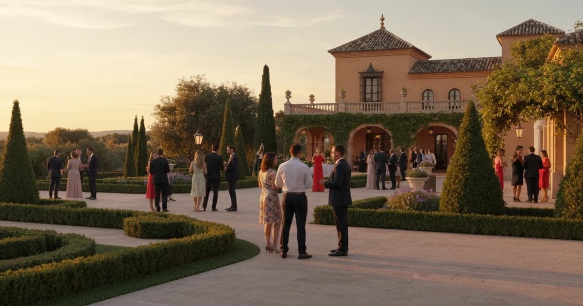 Elegant outdoor Spanish wedding venue with discrete security presence and guests mingling safely