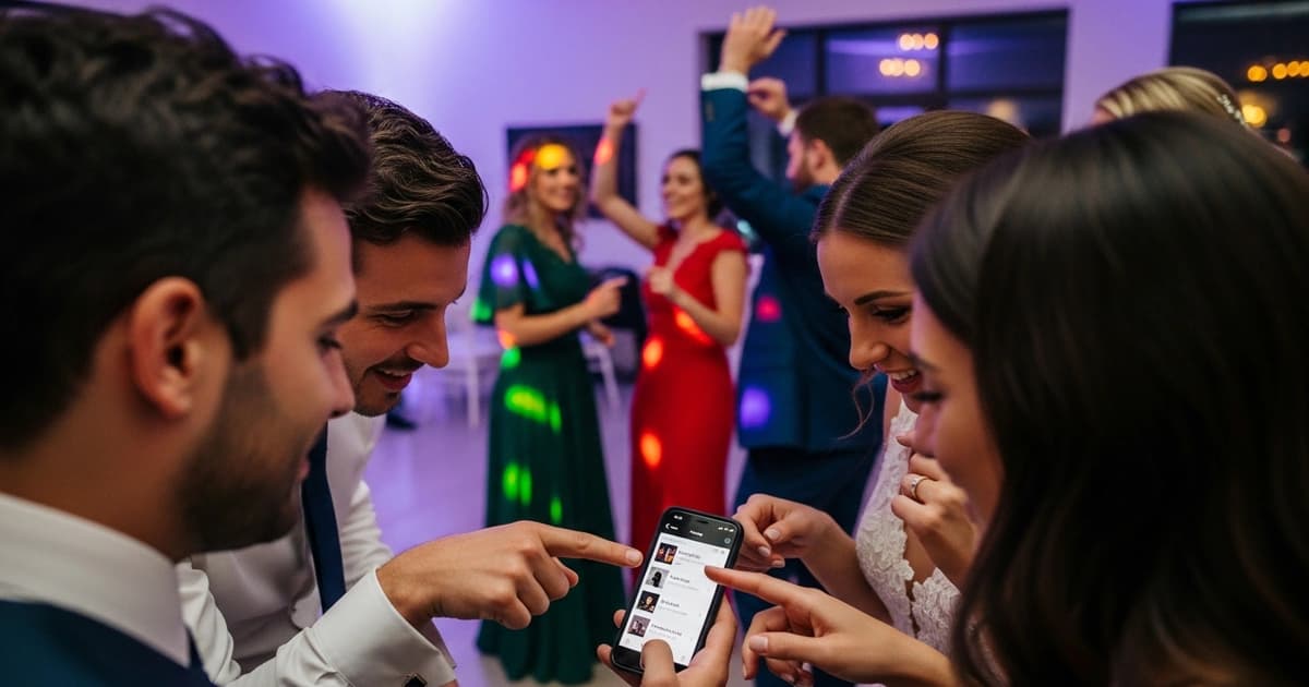 Pareja usando Spotify Jam en su boda con invitados añadiendo canciones desde sus móviles