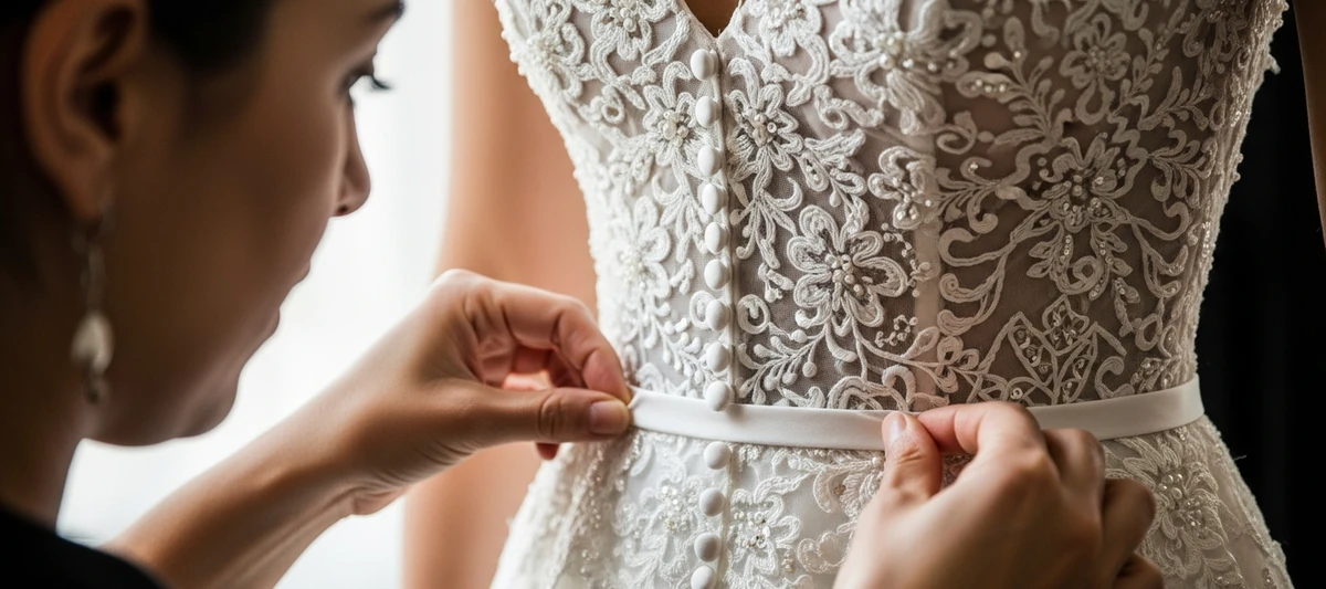 Detalle de un cuerpo de encaje con talle marcado ajustado en un atelier