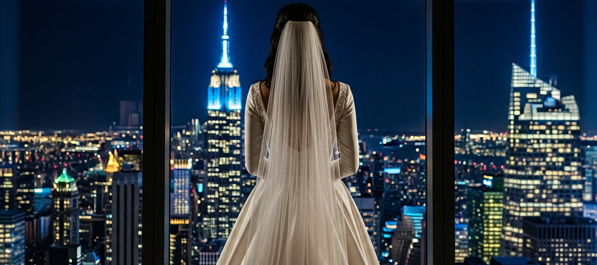 Novia de espaldas con velo de tul ante el skyline de Nueva York con el Empire State iluminado de azul
