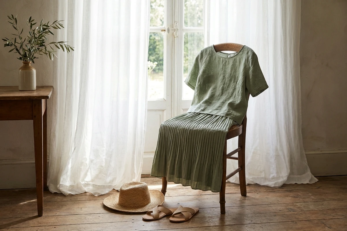 Conjunto de lino verde salvia para invitada de boda de verano: top y falda midi sobre silla de madera