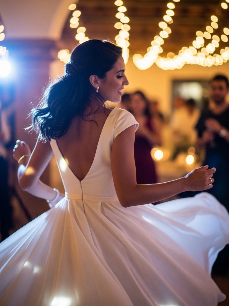 Novia de espaldas con un segundo vestido más ligero bailando en la celebración
