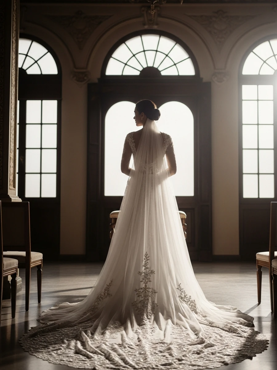 Novia de espaldas con vestido de ceremonia y cola elegante