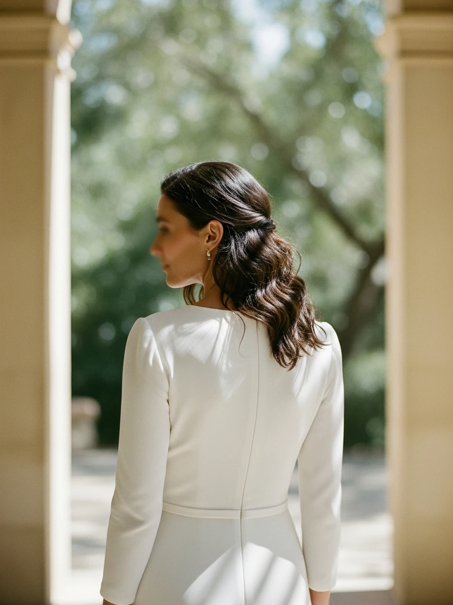 Novia de espaldas con vestido sencillo de ceremonia civil