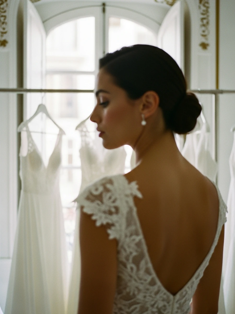 Novia de espaldas en el atelier reflexionando ante los vestidos