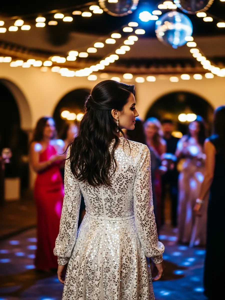 Novia de espaldas con minivestido de fiesta en el after nocturno