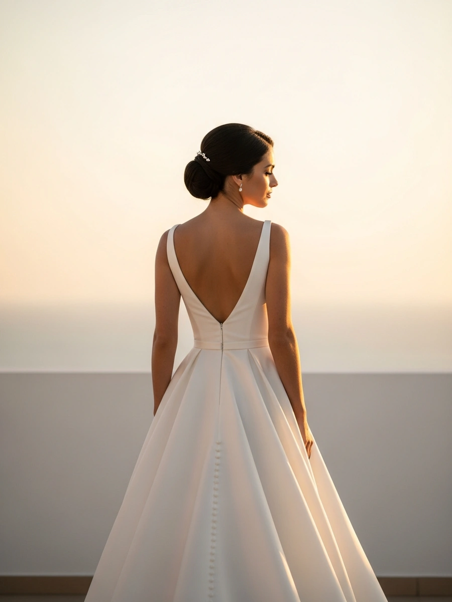 Novia de espaldas en una boda al atardecer con un solo vestido