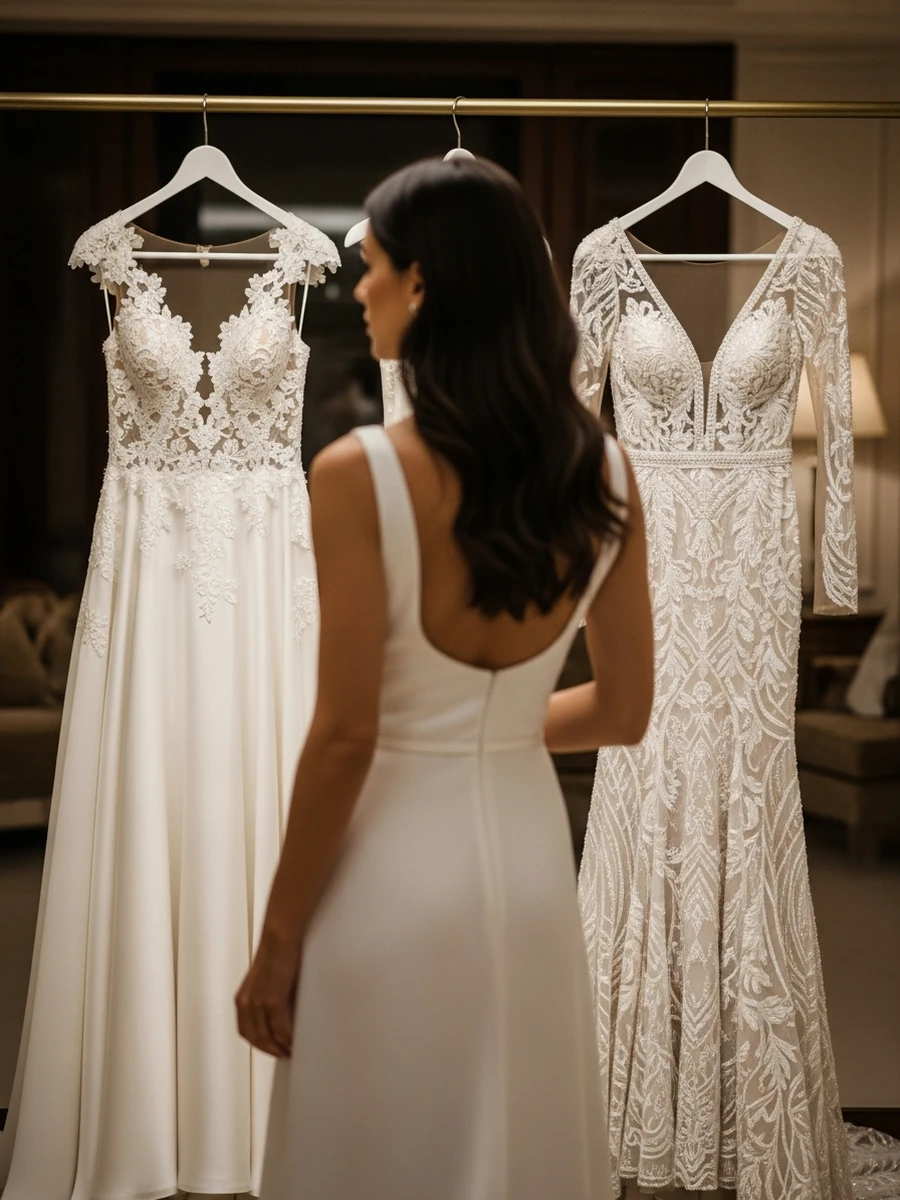Novia de espaldas eligiendo entre dos vestidos en el atelier