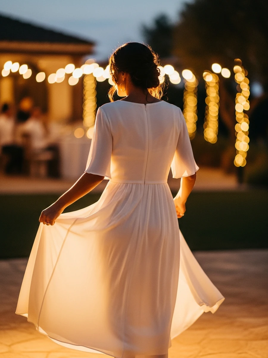 Novia de espaldas con un vestido de celebración midi y fluido en un jardín con luces cálidas