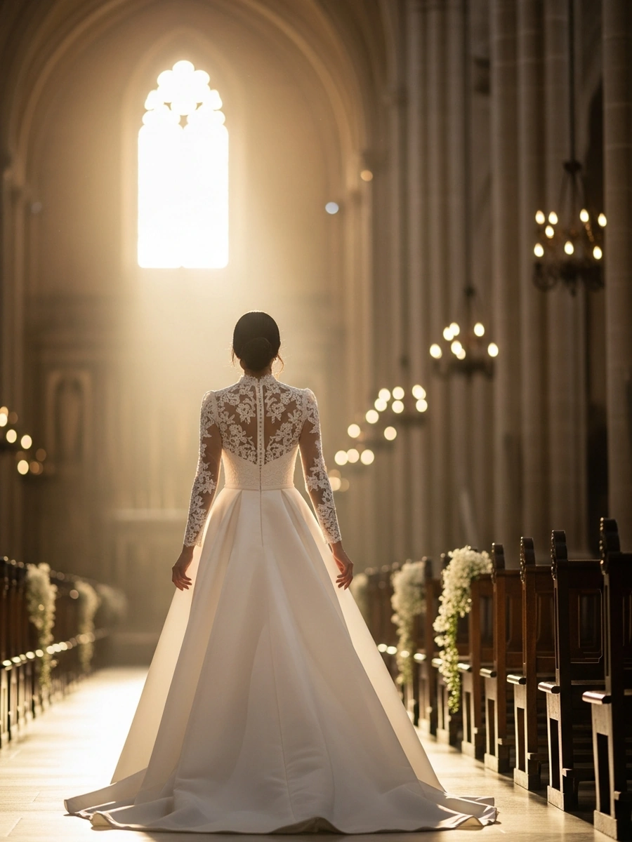 Novia de espaldas con un vestido de ceremonia largo de encaje avanzando por el pasillo de una catedral