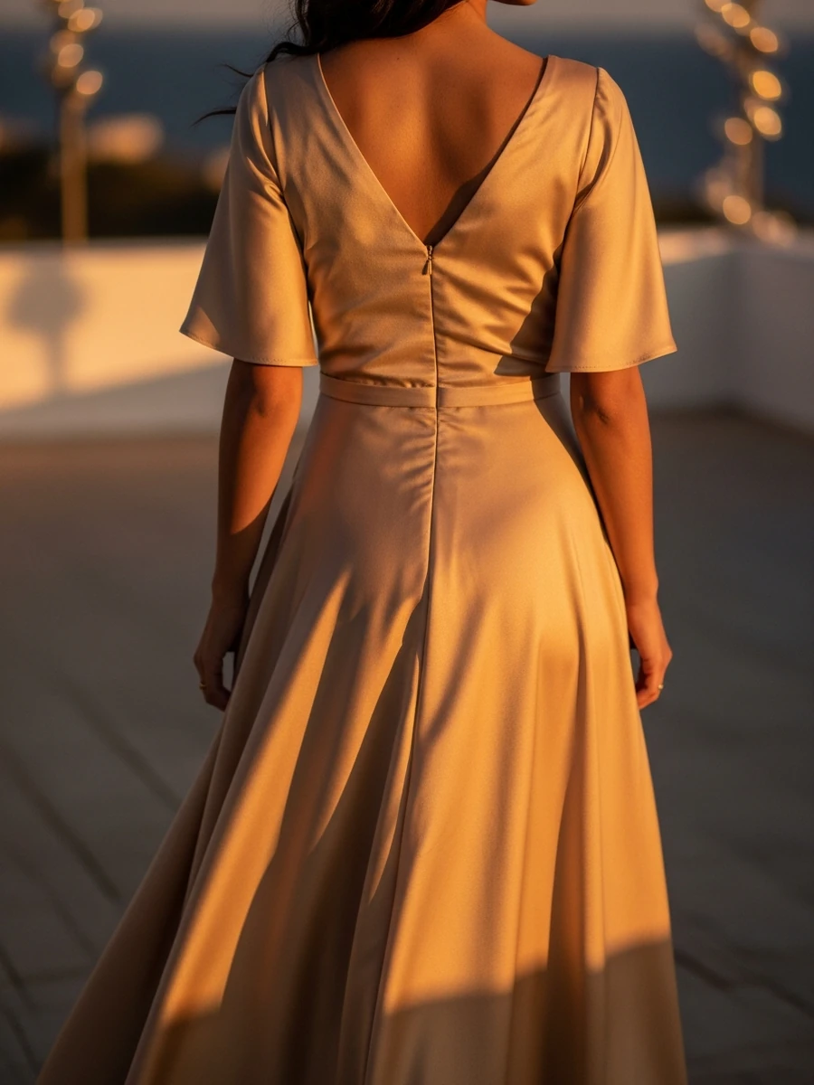 Novia de espaldas con un vestido de celebración en color champán dorado en una terraza al atardecer
